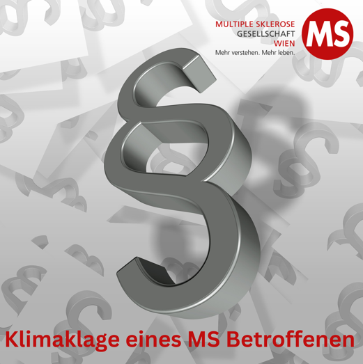 Gesetzeszeichen mit Text: Klimaklage eines MS Betroffenen